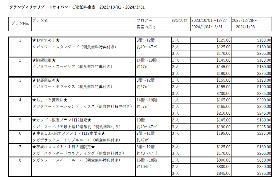 料金表